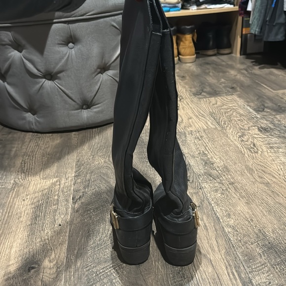 Vince Camuto Black Leather Riding Boots with gold buckles over the knee - Picture 7 of 13